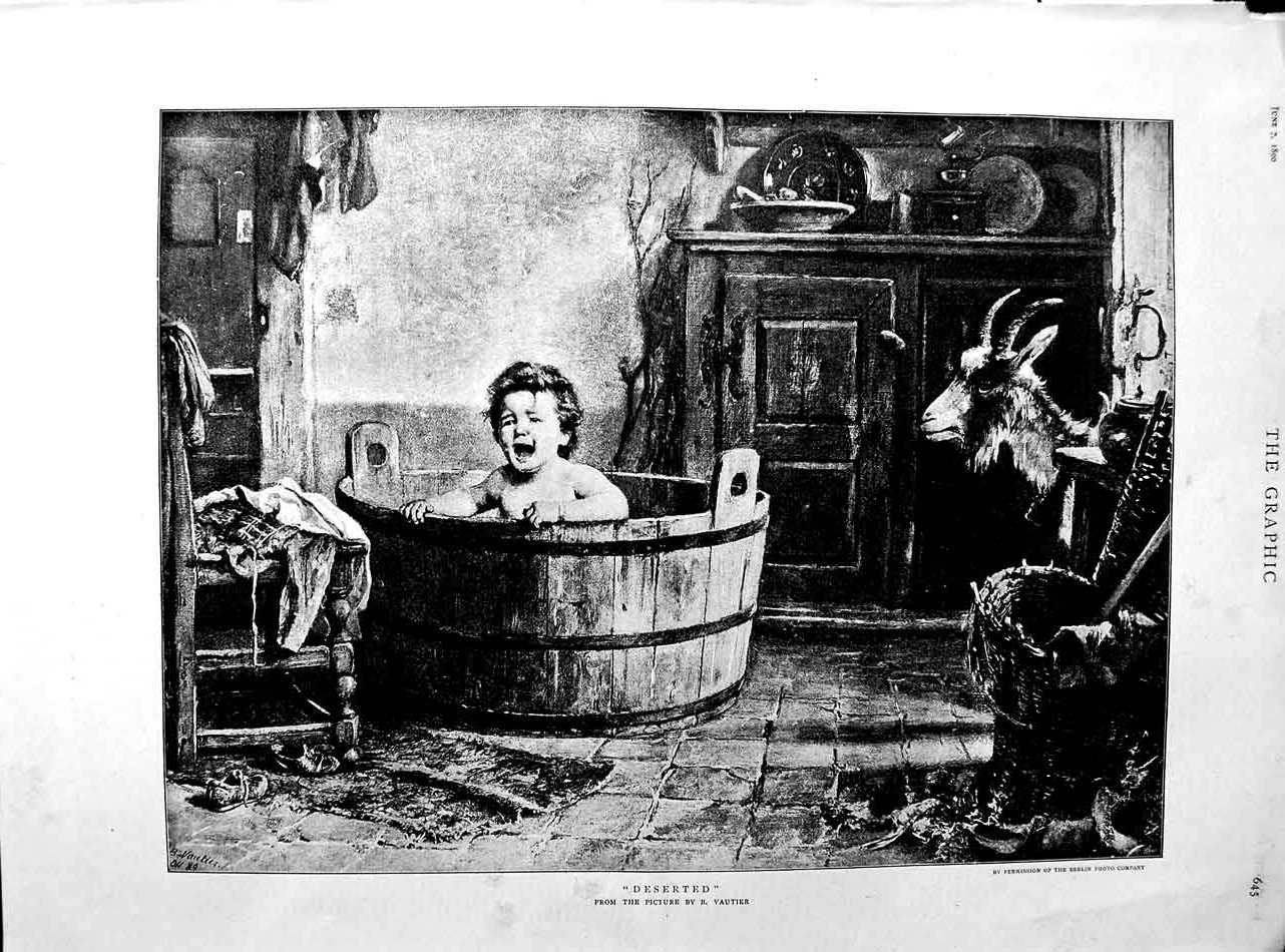Original Old Antique Print 1890 Vautier Little Girl Crying Bath Tub House 19th