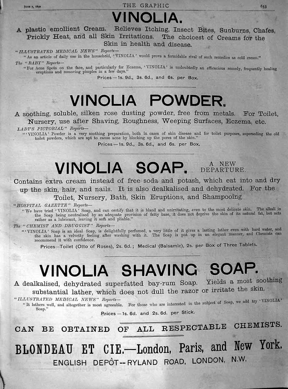 Old Antique Print 1890 Advertisement Vinolia Shaving Soap Powder London 19th