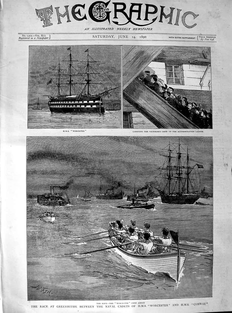 Original Old Antique Print 1890 Race Greenhithe Navy Cadets Ship Worcester 19th
