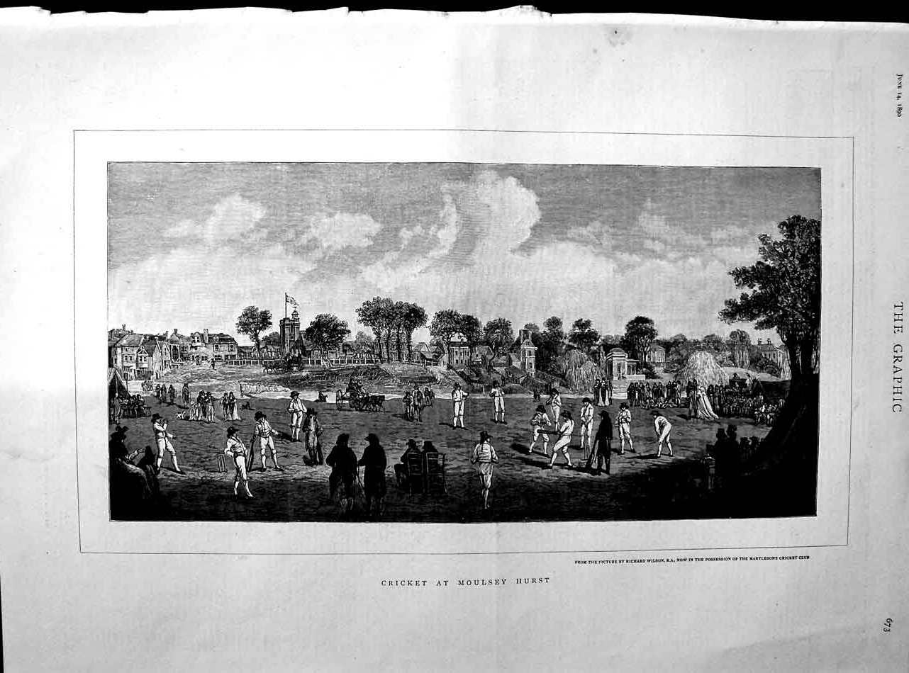 Original Old Antique Print 1890 Sport View Cricket Match Moulsey Hurst 19th