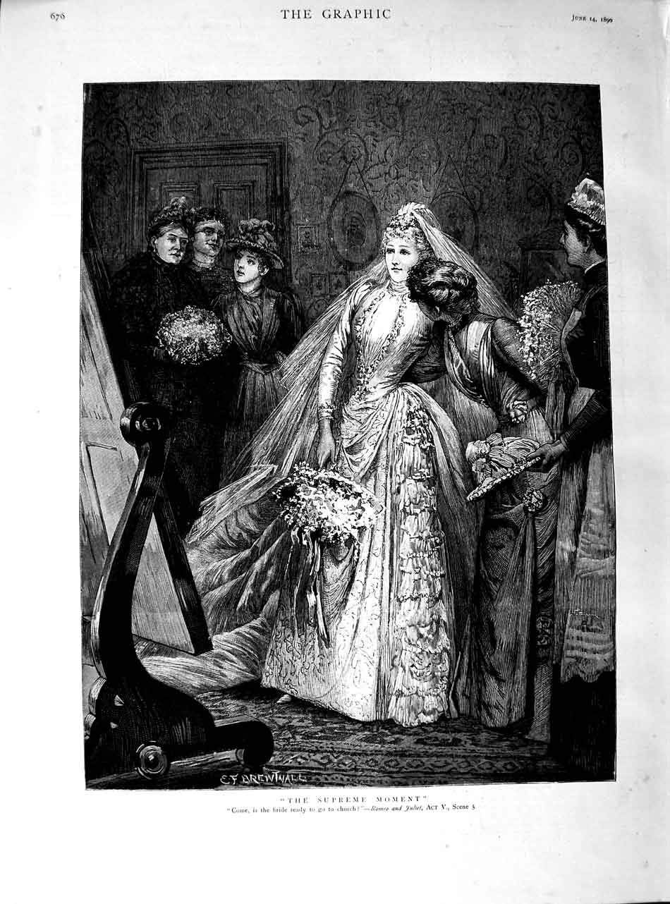 Original Old Antique Print 1890 Romeo Juliet Scene Bride Dress Fine Art 19th