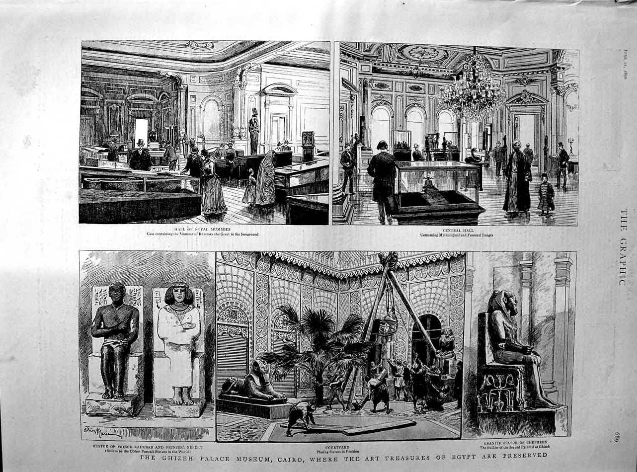 Original Old Antique Print 1890 Ghizeh Palace Museum Cairo Treasures Art 19th