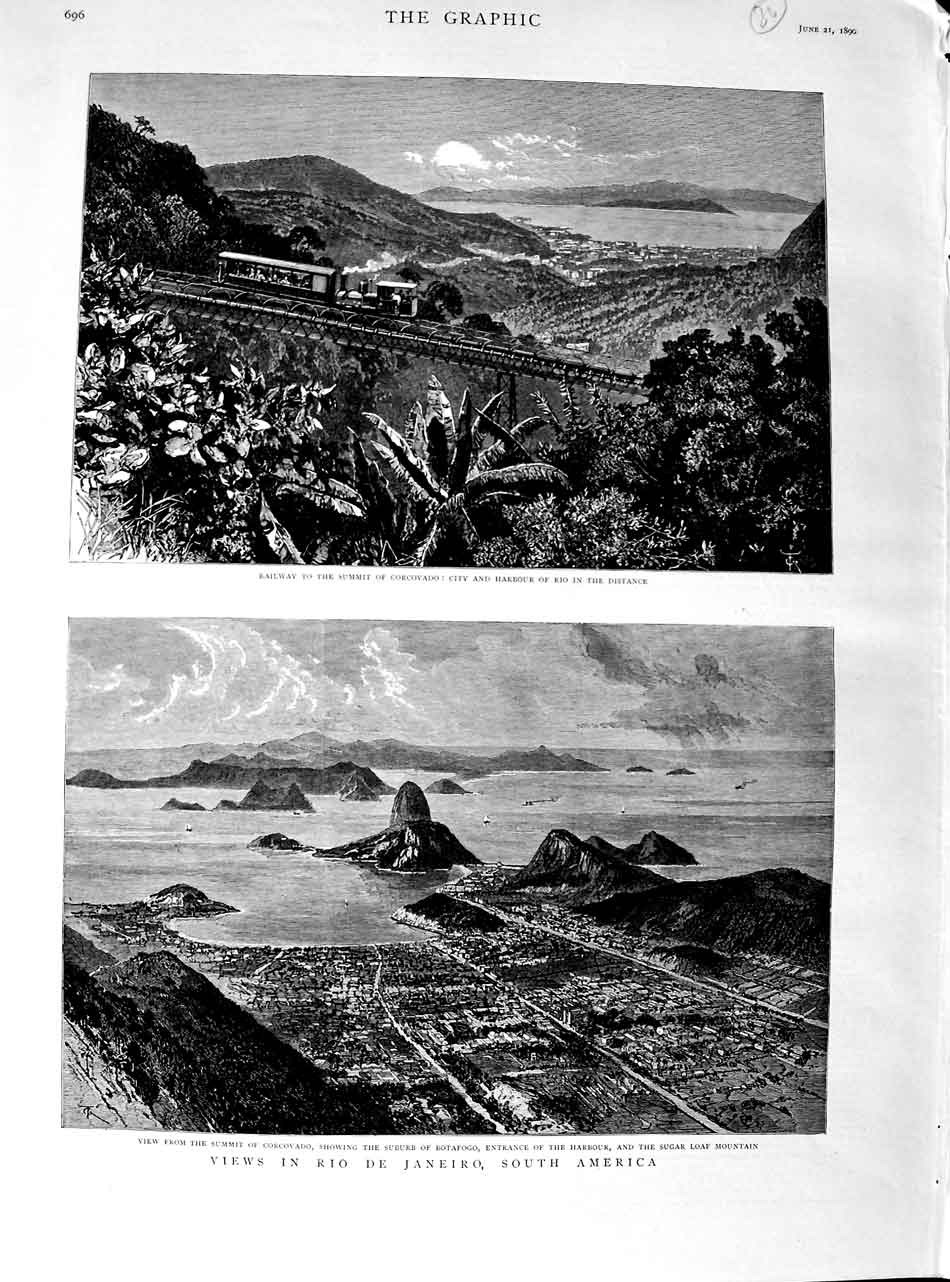 Old Antique Print 1890 Rio Janeiro America Railway Corcovado Sugar Loaf 19th