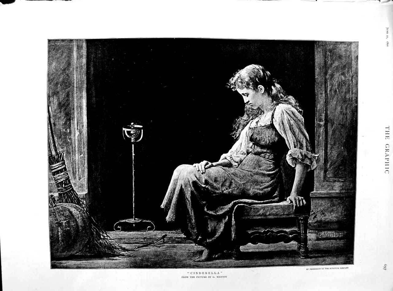 Original Old Antique Print 1890 Manton Fine Art Cinderella Poor Young Girl 19th
