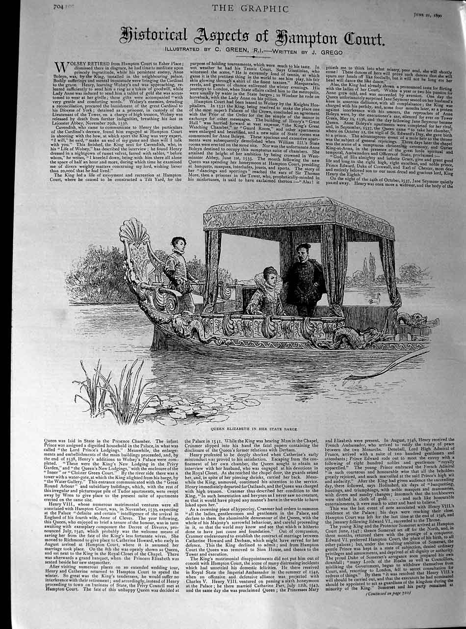 Original Old Antique Print 1890 Queen Elizabeth State Barge River Royalty 19th