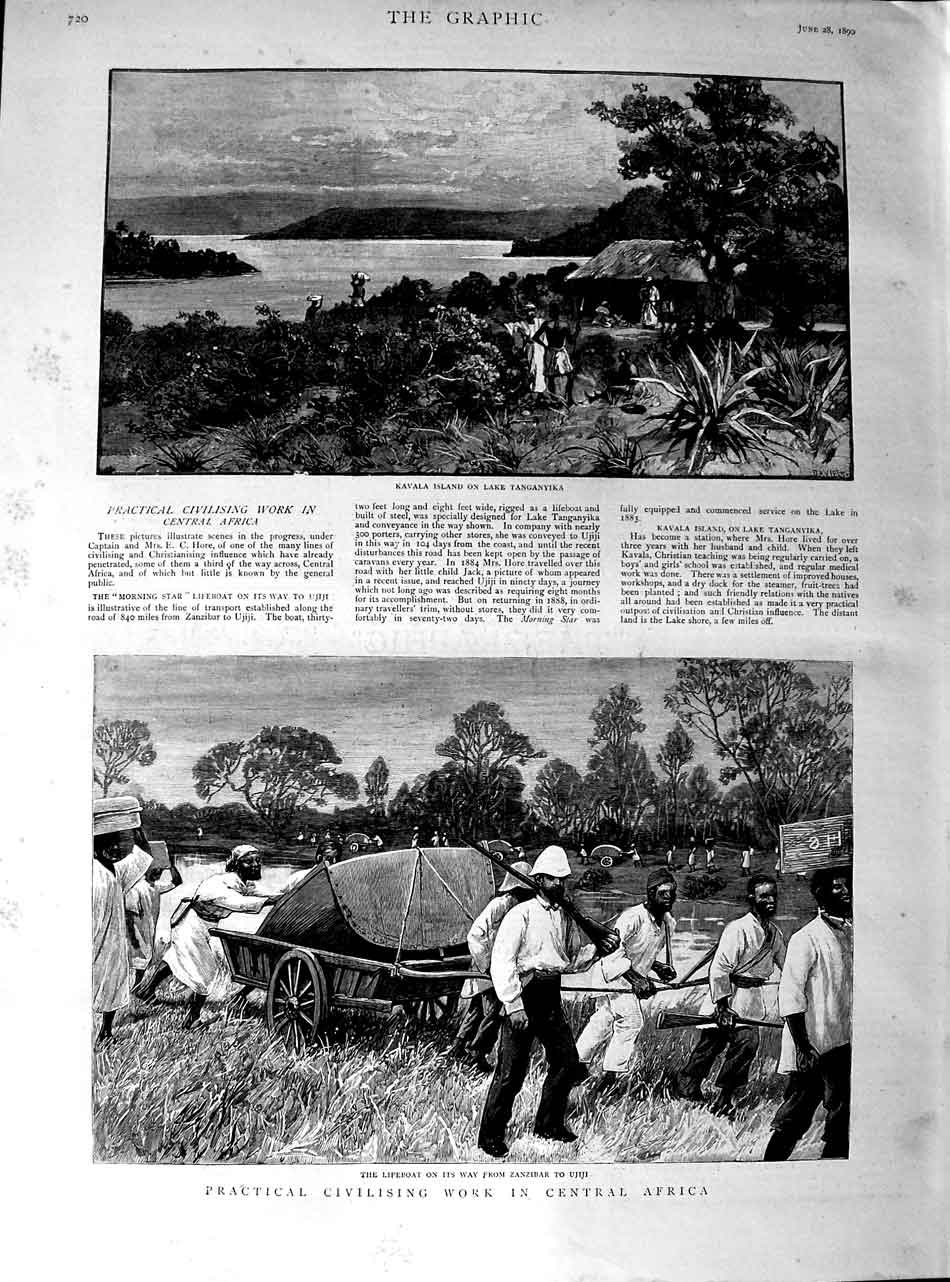 Original Old Antique Print 1890 Kavala Island Lake Tanganyika Africa Lifeboat