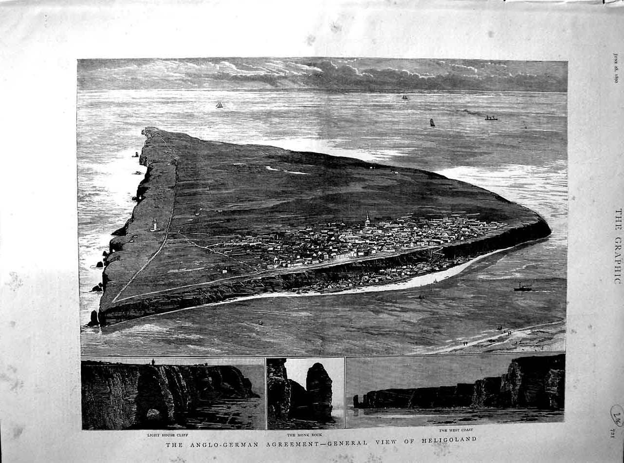 Original Old Antique Print 1890 Heligoland Light House Cliff Monk Rock Fine Art