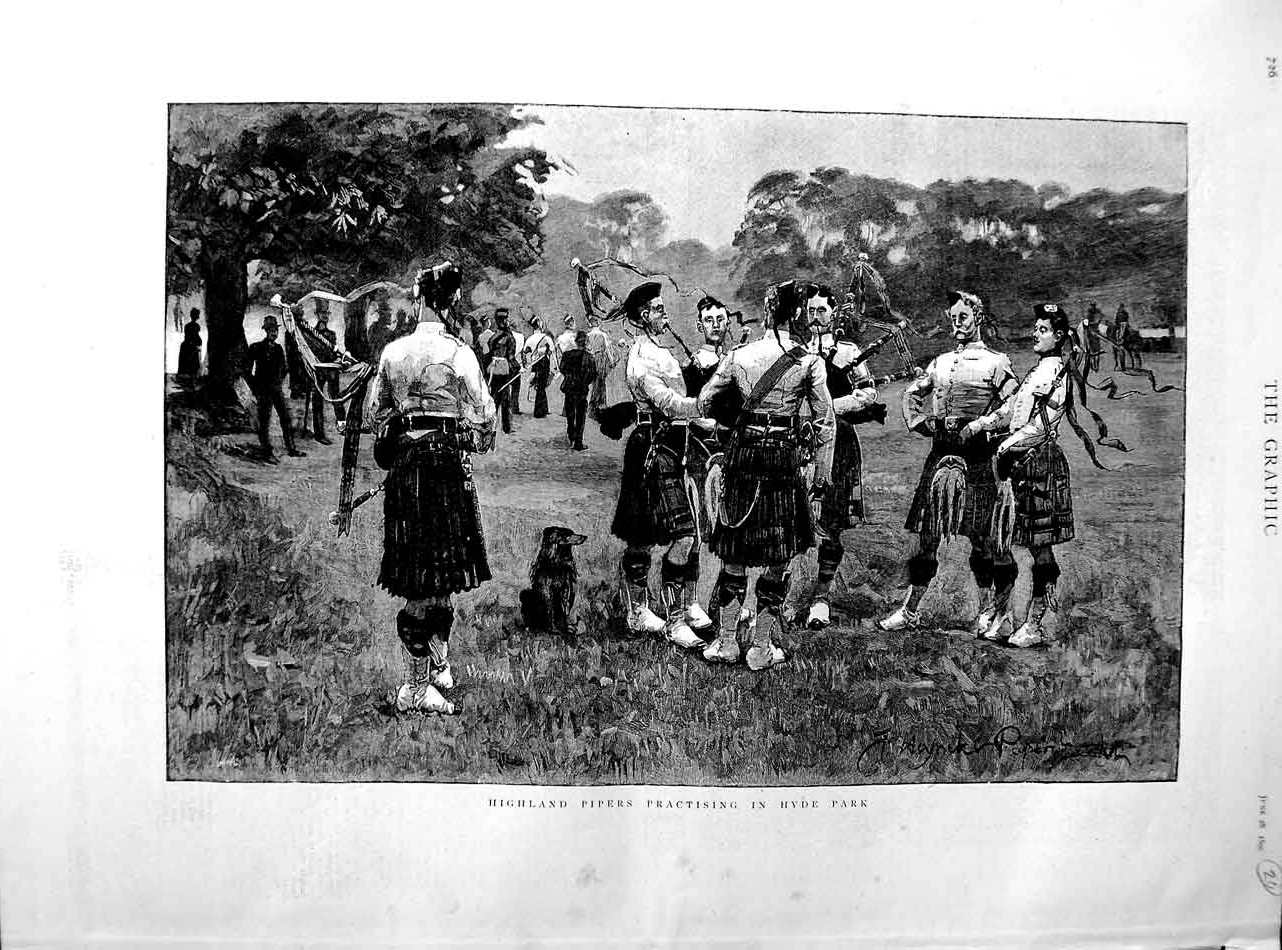 Original Old Antique Print 1890 Fine Art Highland Pipers Bagpipes Hyde Park 19th