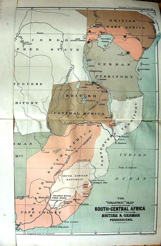 Original Old Antique Print 1890 Colour Graphic Map South-Central Africa Z 19th