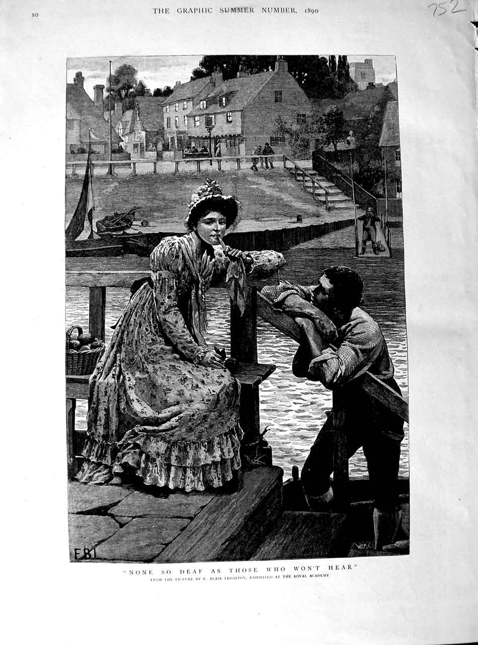 Original Old Antique Print 1890 Leighton Fine Art Romance Man Woman River Boat