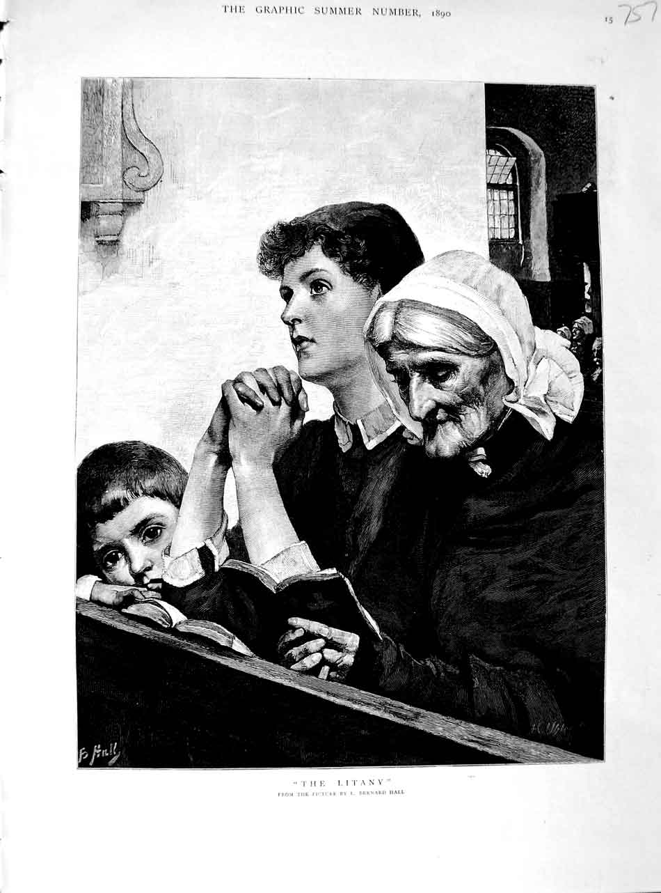 Original Old Antique Print 1890 Hall Fine Art Litany Lady Children Church Bible
