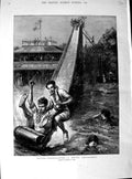 Original Old Antique Print 1890 Fine Art Hall Water Tobogganing Children 19th