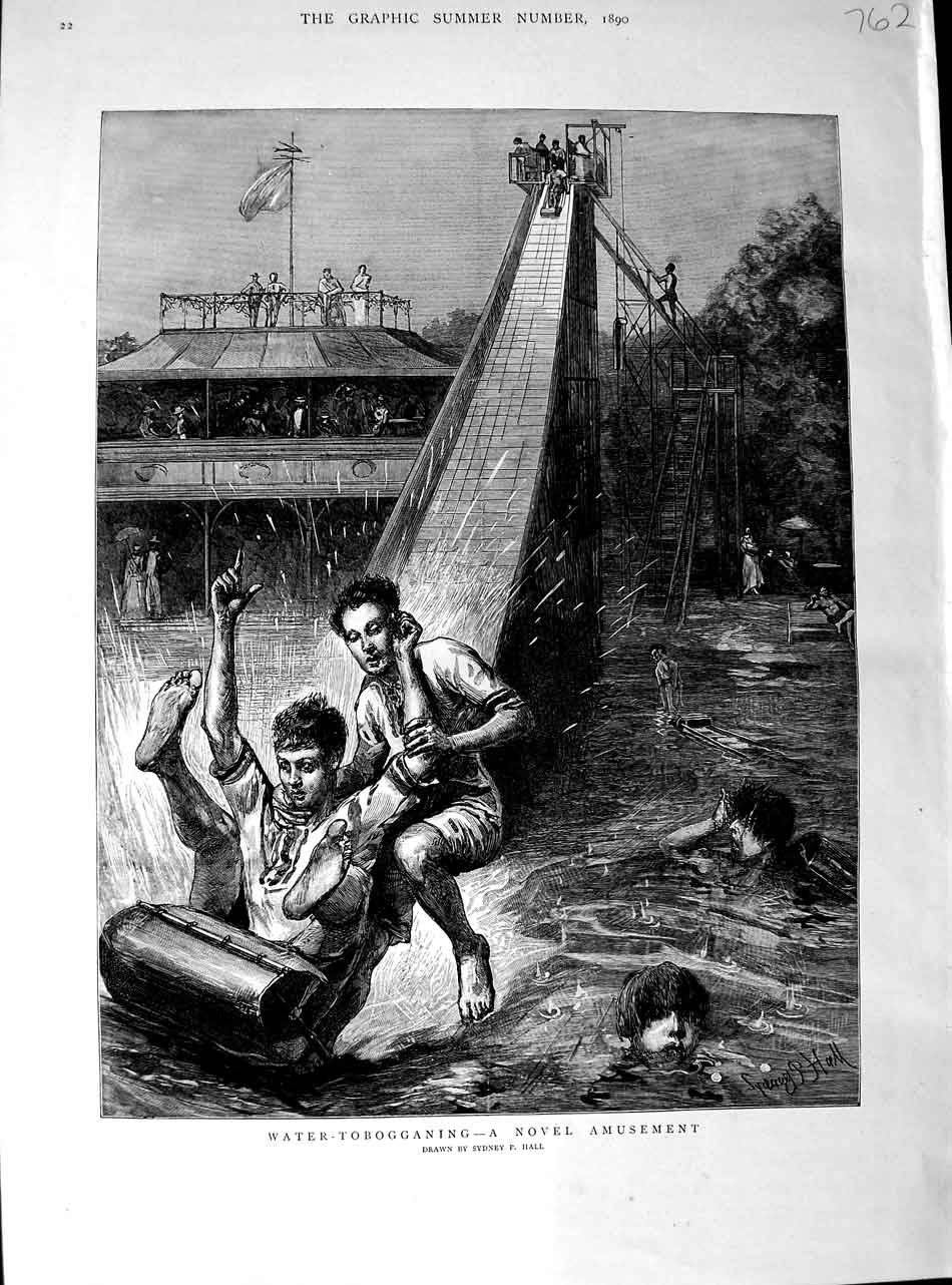 Original Old Antique Print 1890 Fine Art Hall Water Tobogganing Children 19th