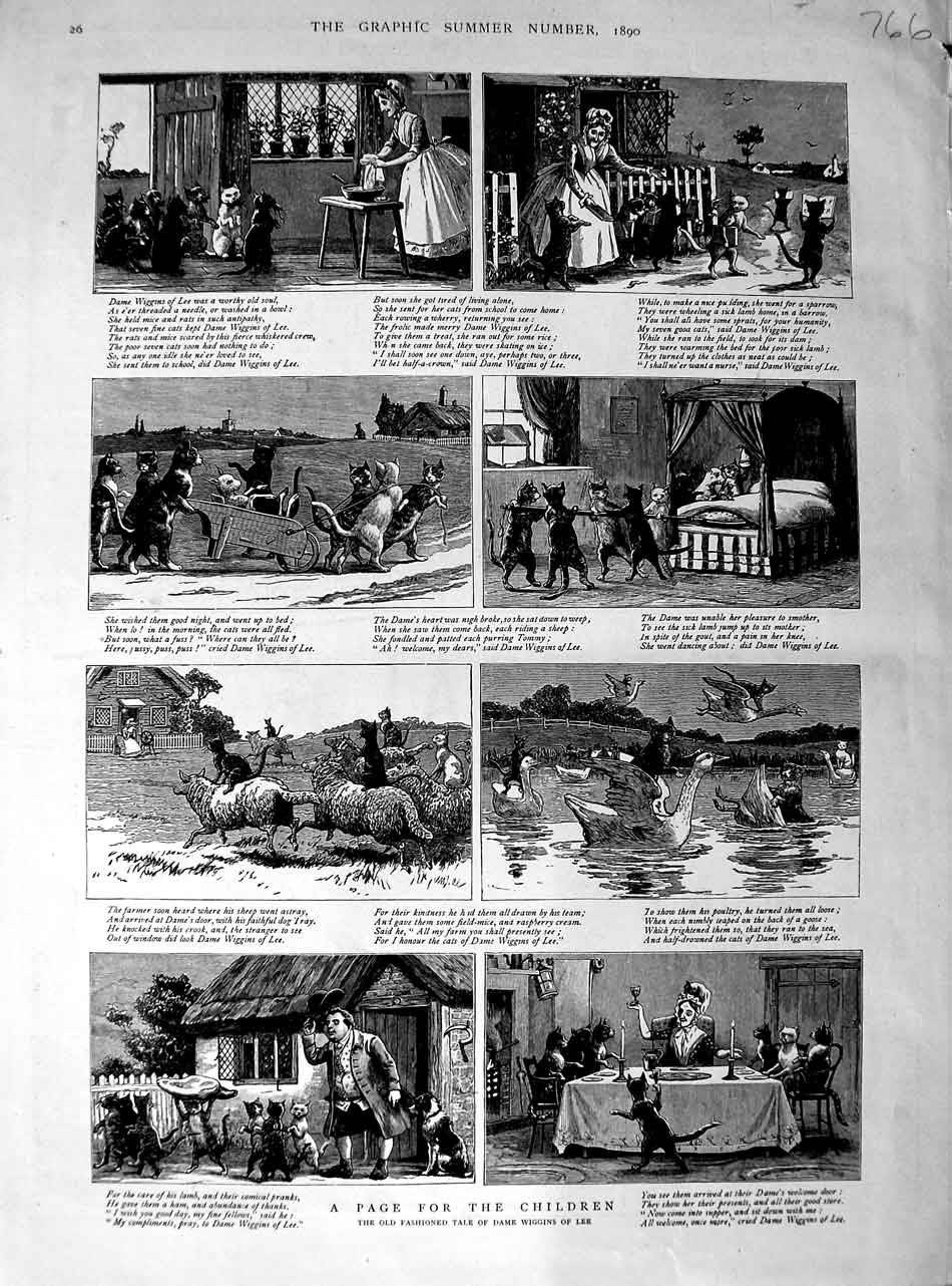 Original Old Antique Print 1890 Fashioned Tale Dame Wiggins Lee Story Children