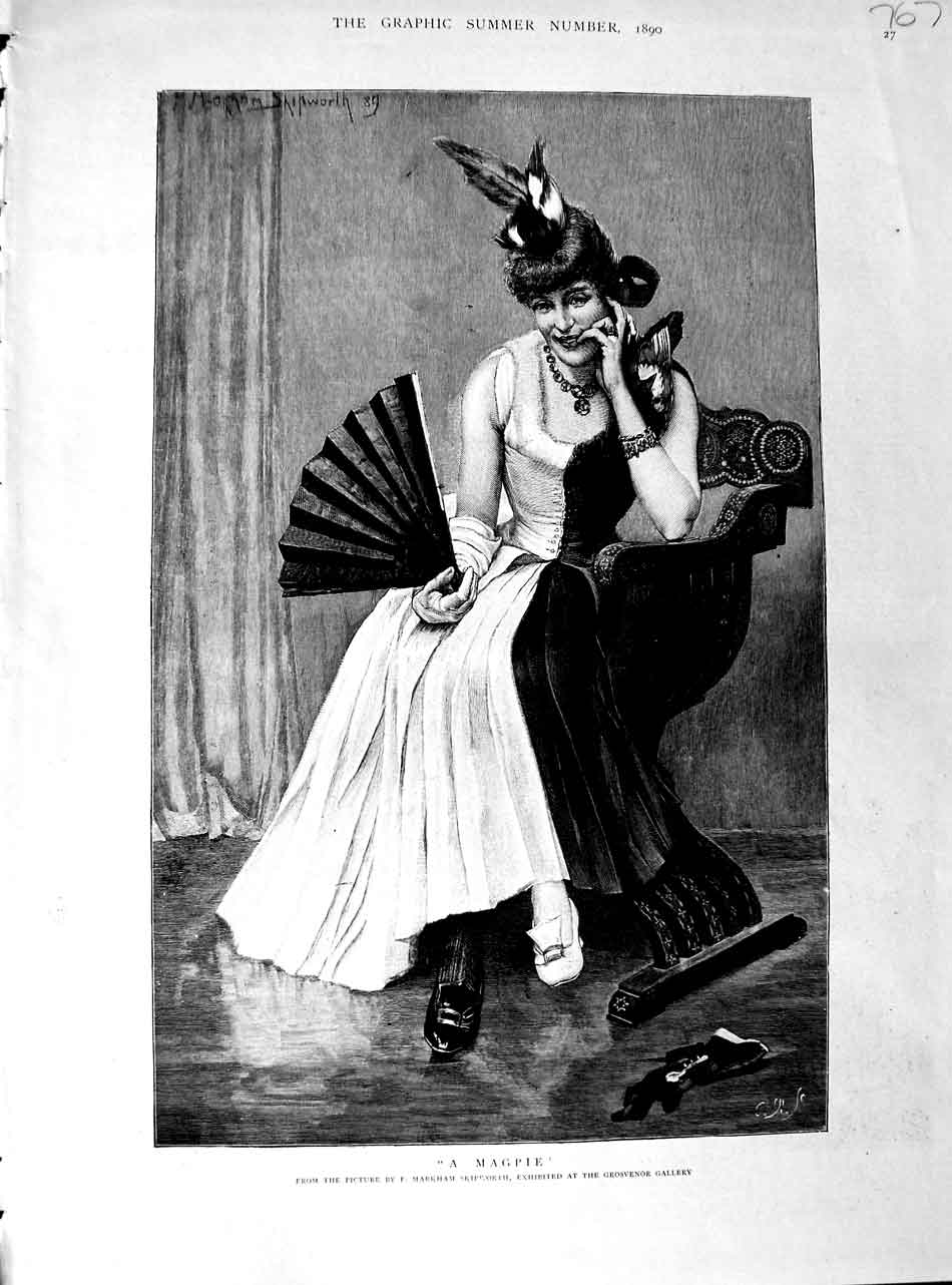 Old Antique Print 1890 Markham Skipworth Fine Art Beautiful Lady Magpie 19th