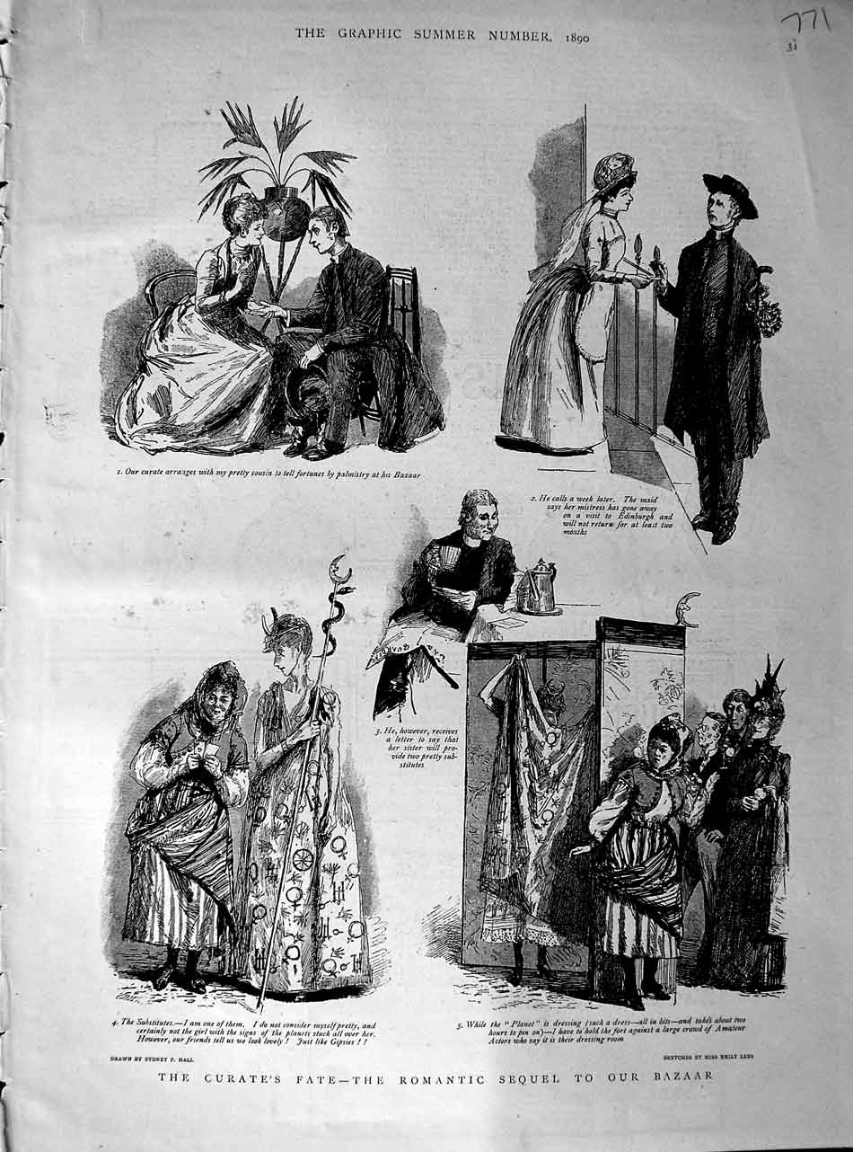 Original Old Antique Print 1890 Curate Romantic Story Bazaar Bride Romance 19th