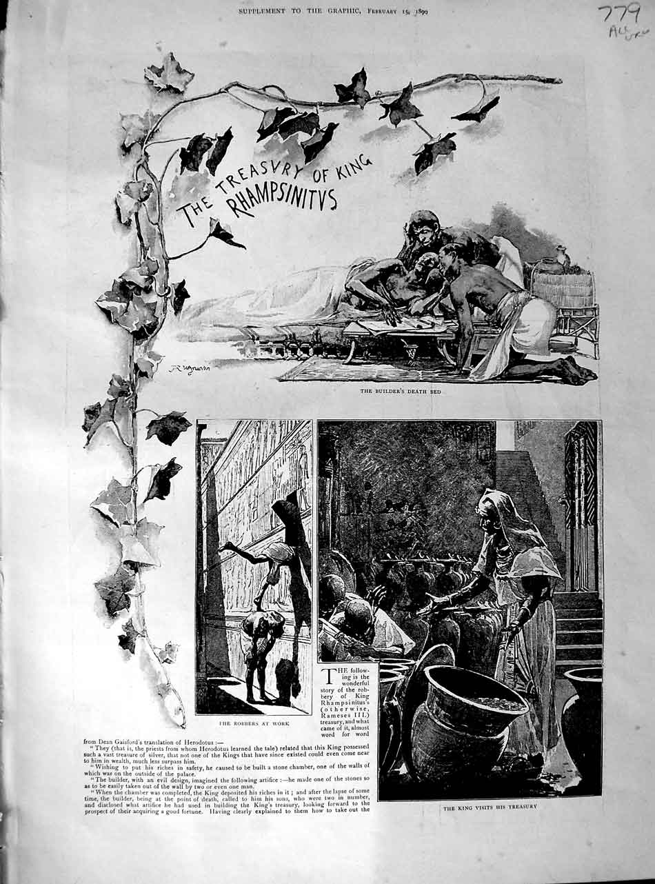 Old Antique Print 1890 Story Treasury King Rhampsinitvs Robbers Princess 19th