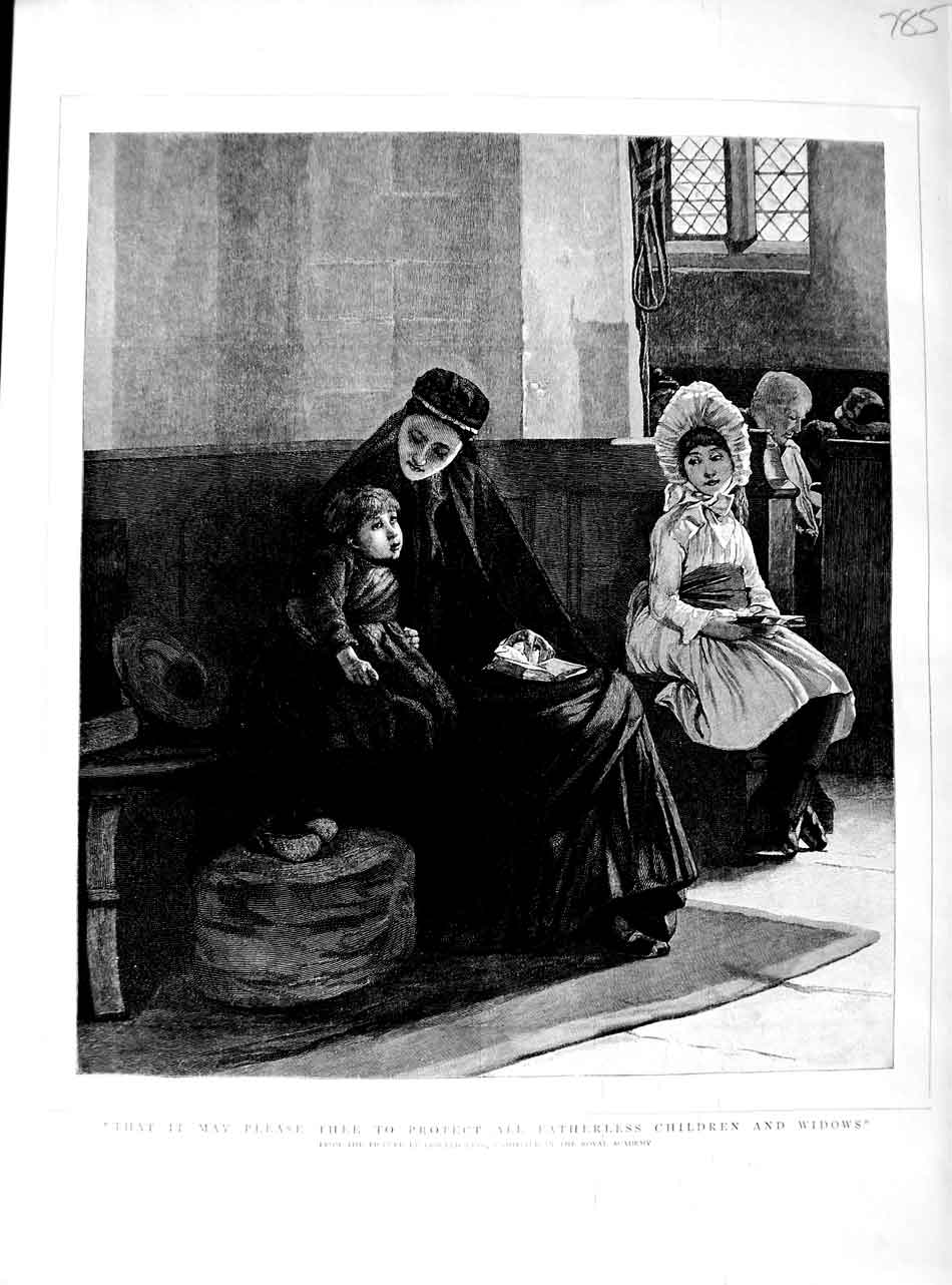 Original Old Antique Print 1890 Church Scene Children Mother Widow Fine Art