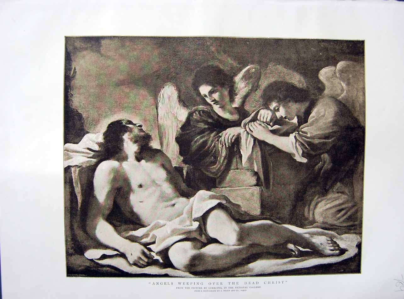 Original Old Antique Print 1890 Scene Angels Weeping Dead Jesus Christ Fine Art