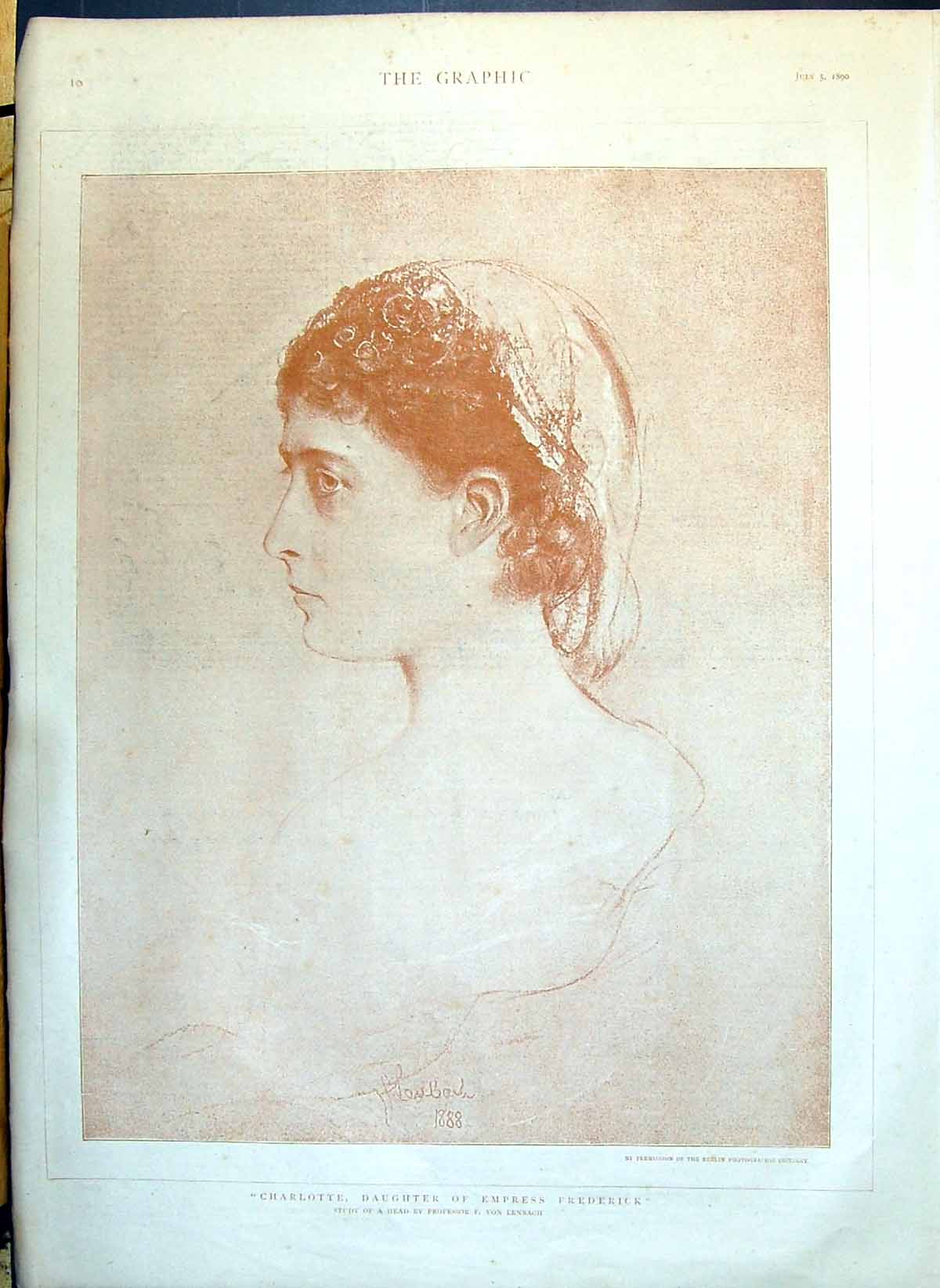 Antique Old Print 1890 Beautiful Woman Charlotte Daughter Empress Frederick