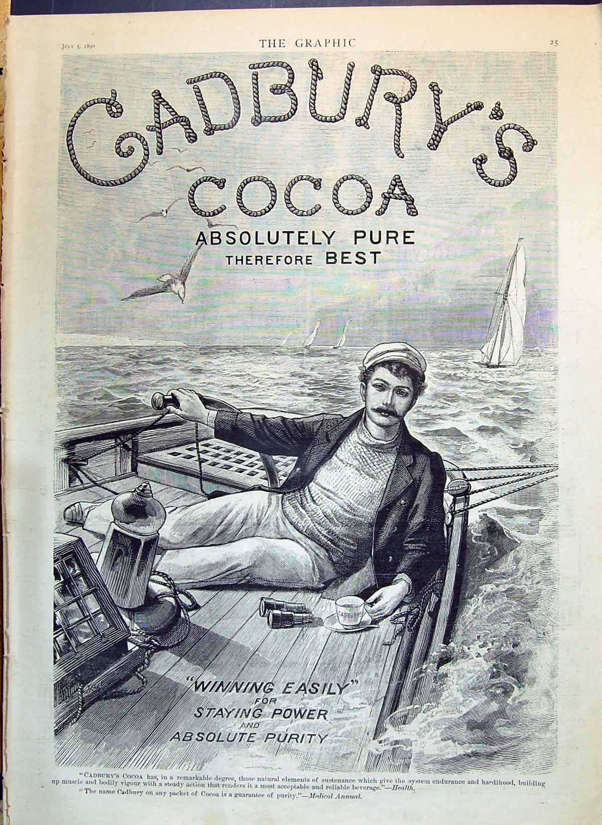 Old Antique Print 1890 Advertisement Cadbury'S Cocoa Man Sailing Boat Se 19th