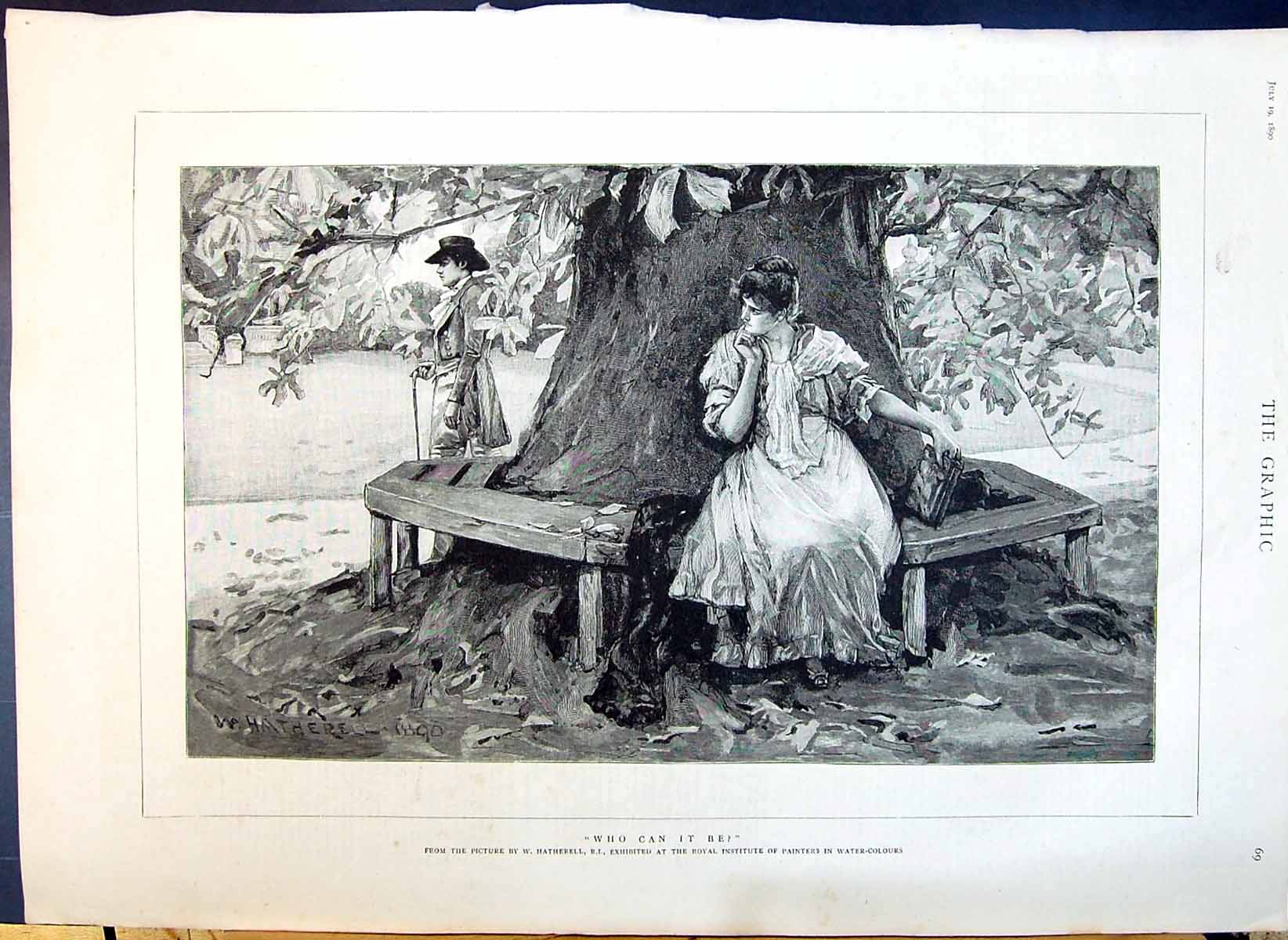 Original Old Antique Print 1890 Who Can It Be Man Lady Romance Tree Hatherell