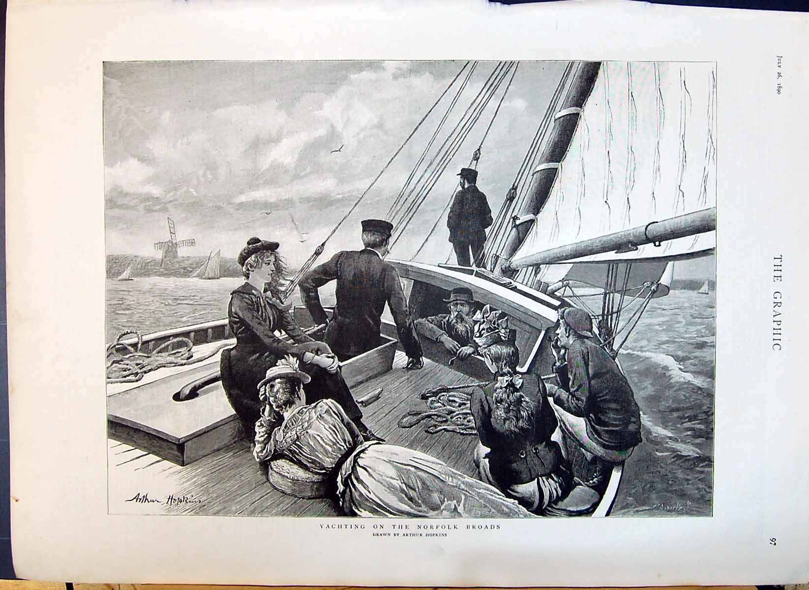 Antique Old Print 1890 Yachting Norfolk Broads Sailing Boat Windmill Arthur