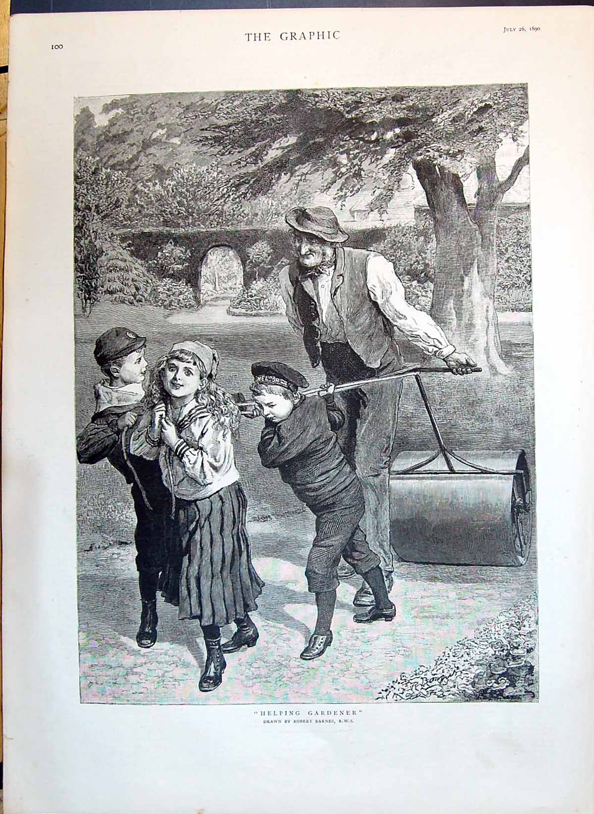 Antique Old Print 1890 Helping Gardener Children Garden Scene Robert Barnes