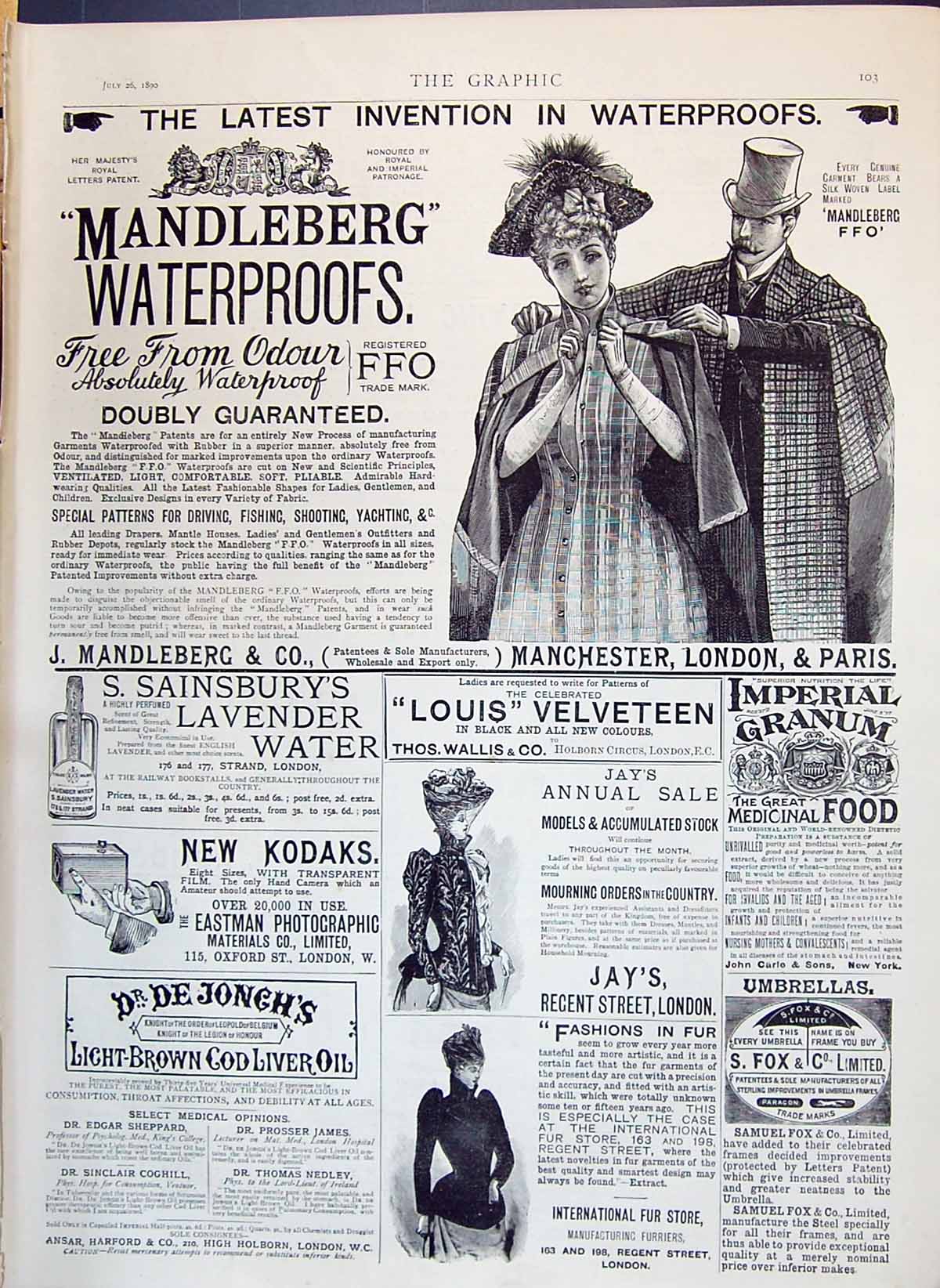 Old 1890 Advertisement Mandleberg Waterproofs Fur Carle Kodaks Cod Li Victorian