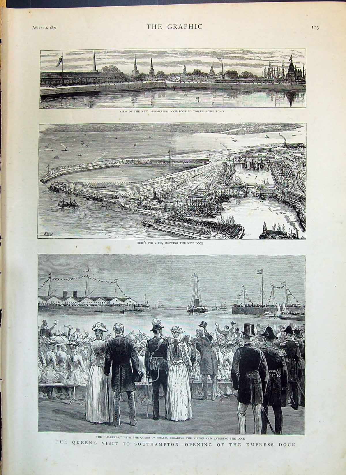 Old Print 1890 Queen Visit Southampton Empress Dock Ship Alberta New Dock 19th