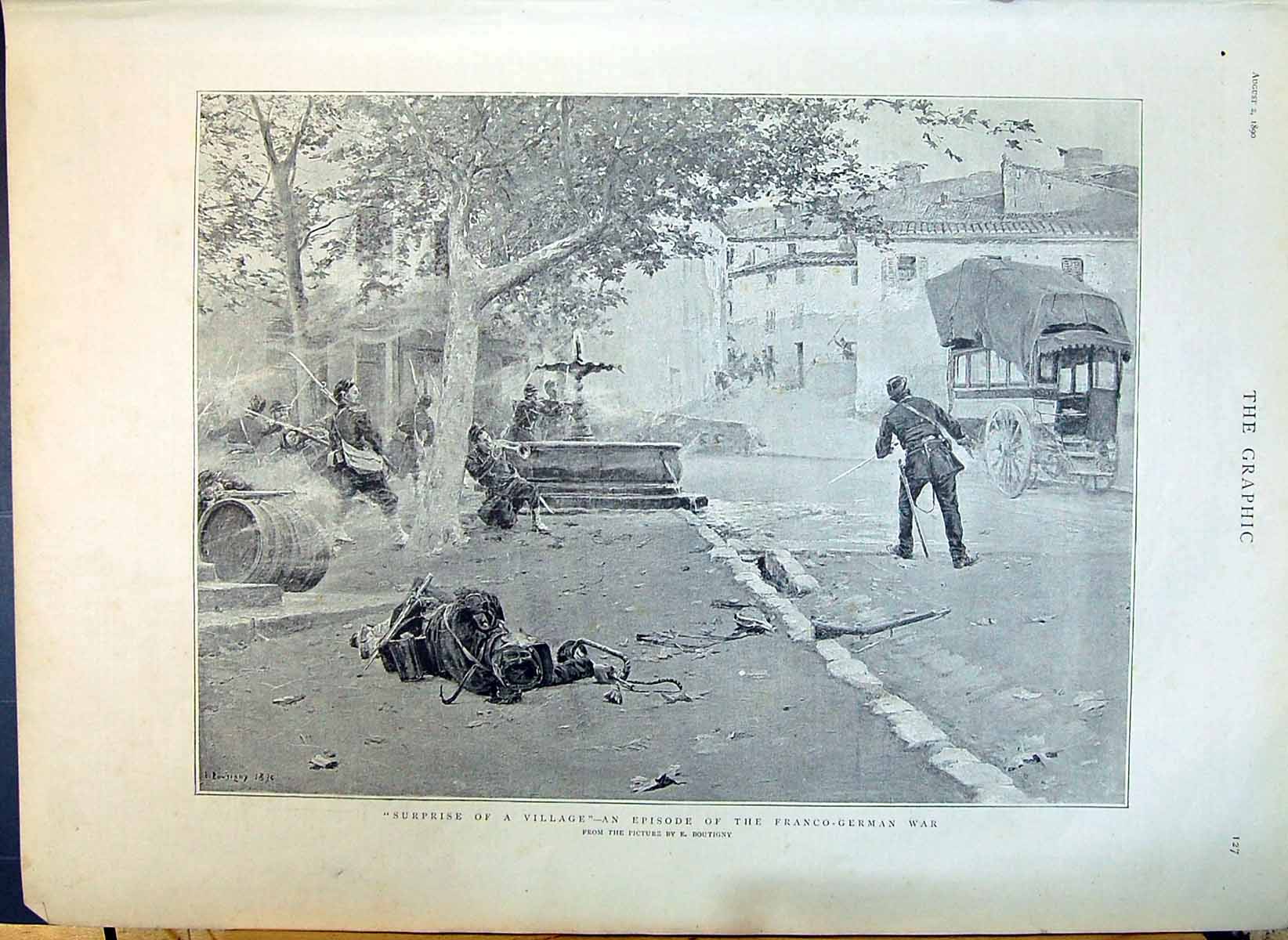 Antique Old Print 1890 Franco-German War Street Scene Village Siers Boutigny