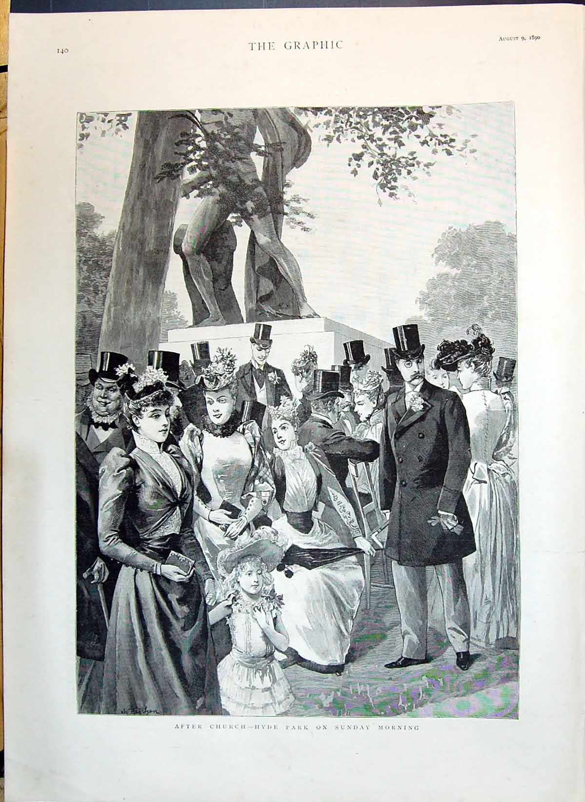 Original Old Antique Print 1890 After Church Hyde Park London Sunday Morning