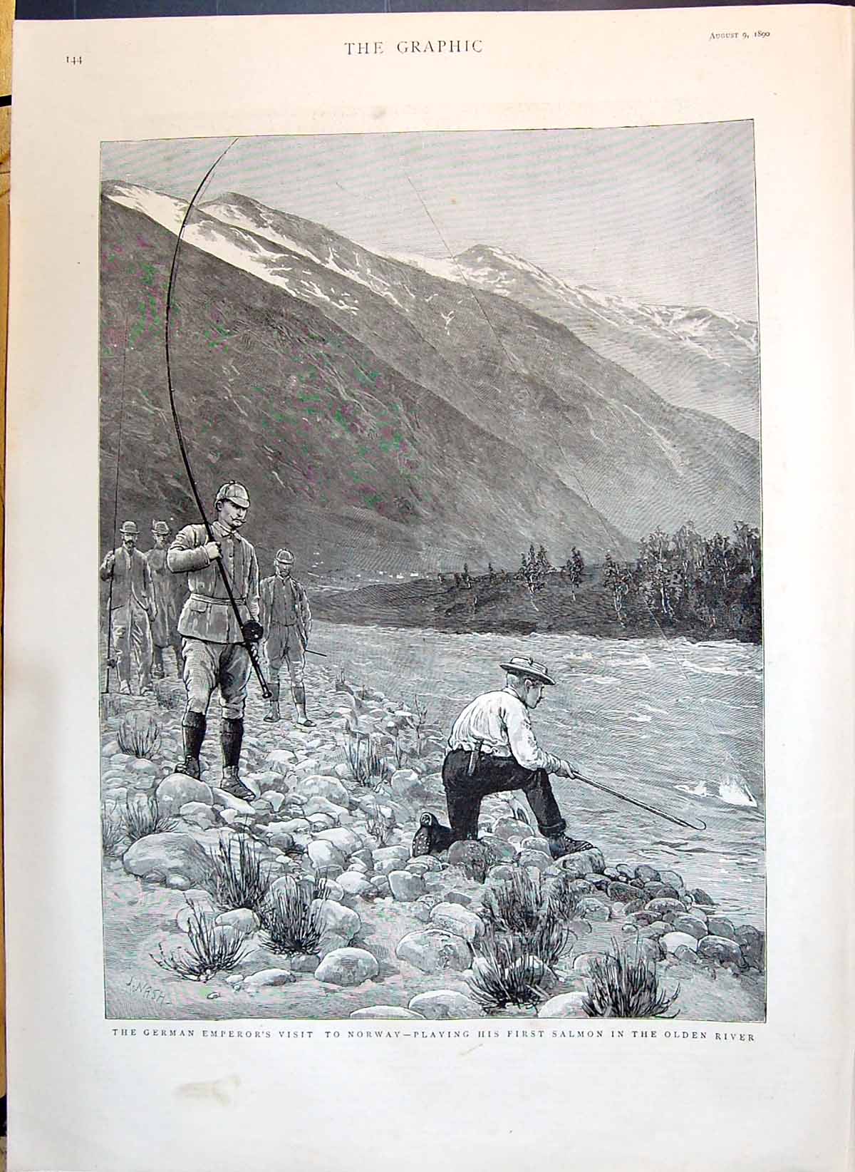 Antique Print 1890 German Emperor Visit Norway Playing Salmon Fish en River