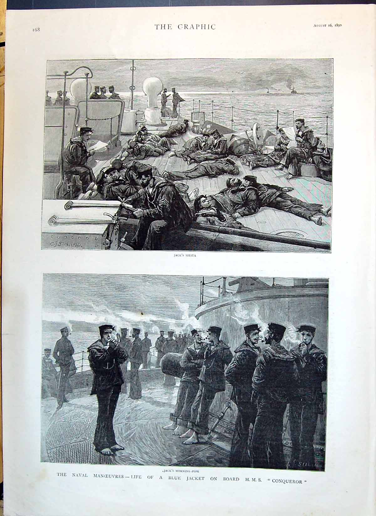 Old 1890 Jack'S Siesta Naval Manoeuvres Life Bluejacket Ship Conquero Victorian