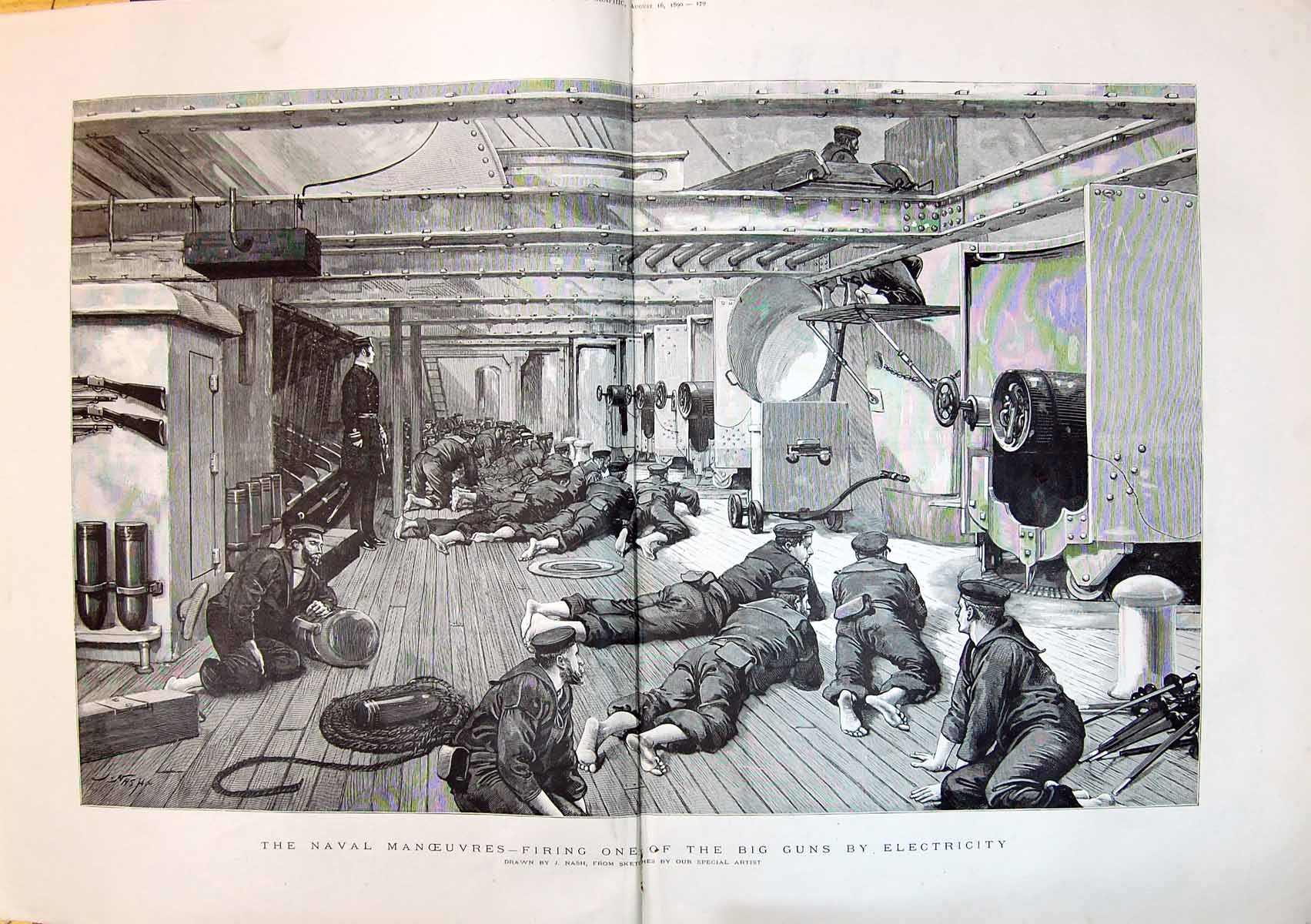 Antique Old Print 1890 Naval Manoeuvres Firing Big Guns Electricity War Sailo