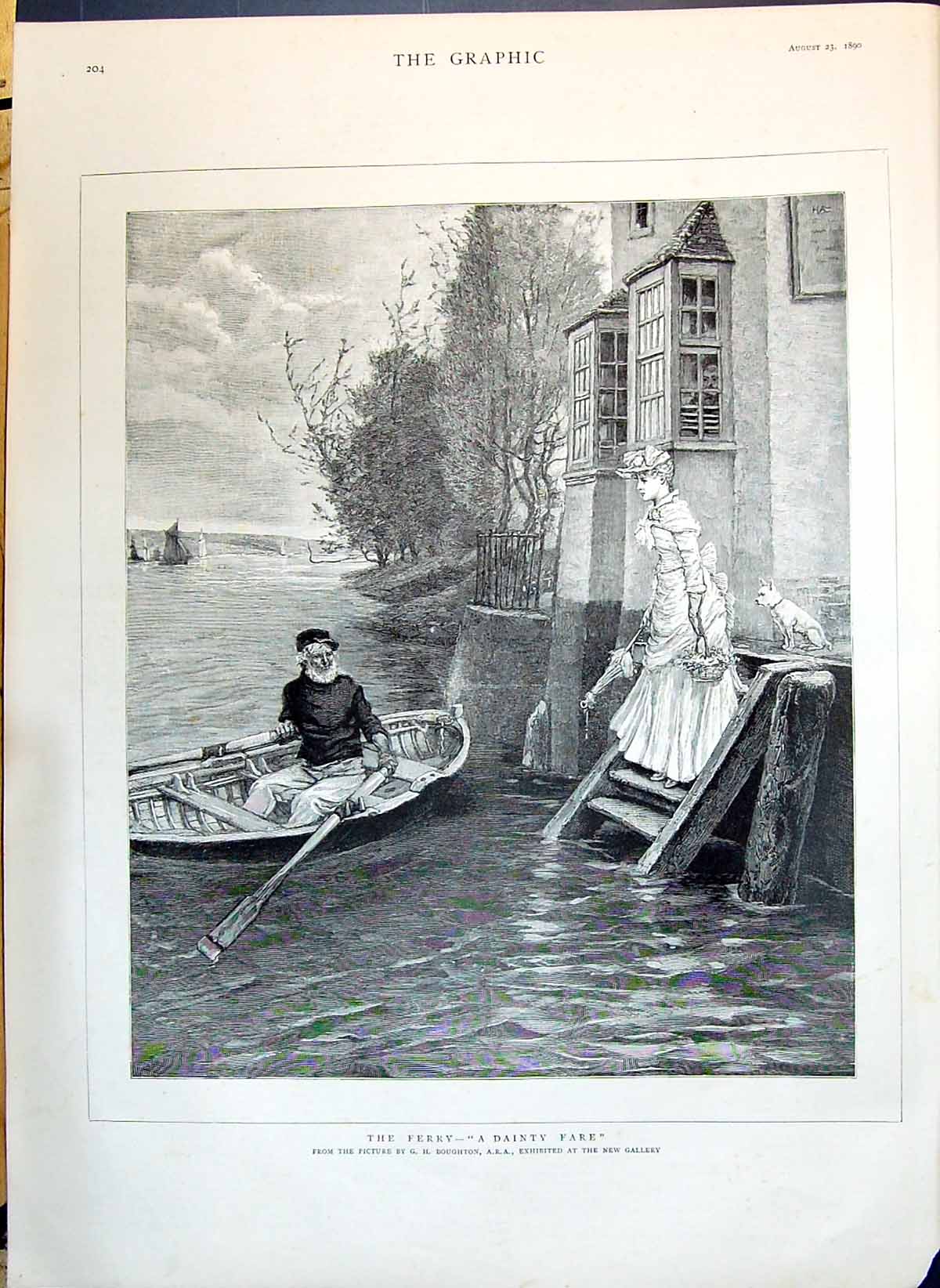 Antique Old Print 1890 Ferry Dainty Fare Beautiful Woman Boat Man Boughton 19th