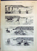 Original Old Antique Print 1890 Beach Seaside Scene Bathing Horses Romance 19th