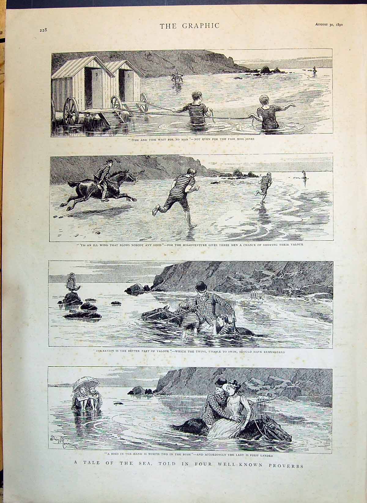Original Old Antique Print 1890 Beach Seaside Scene Bathing Horses Romance 19th