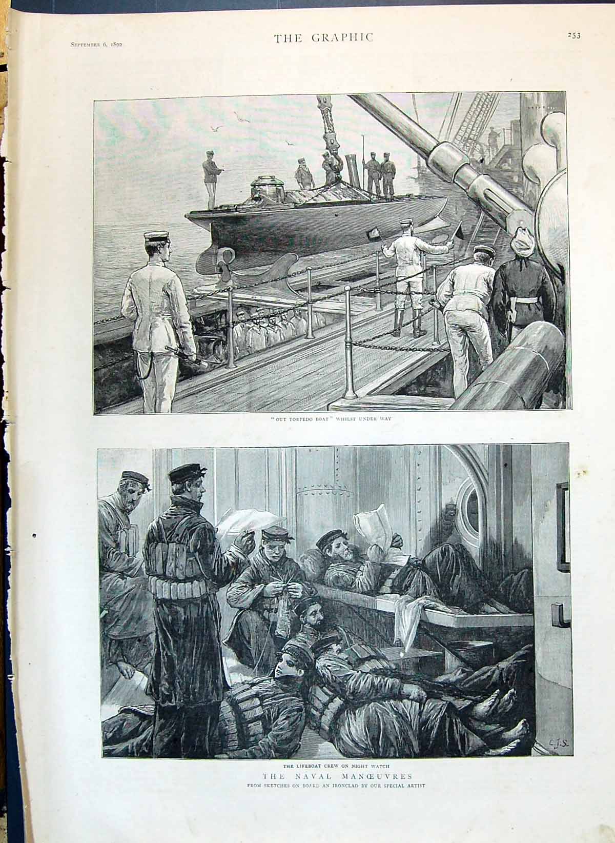 Antique Print 1890 Naval Manoeuvres Torpedo Boat Sailors Lifeboat Crew Cope