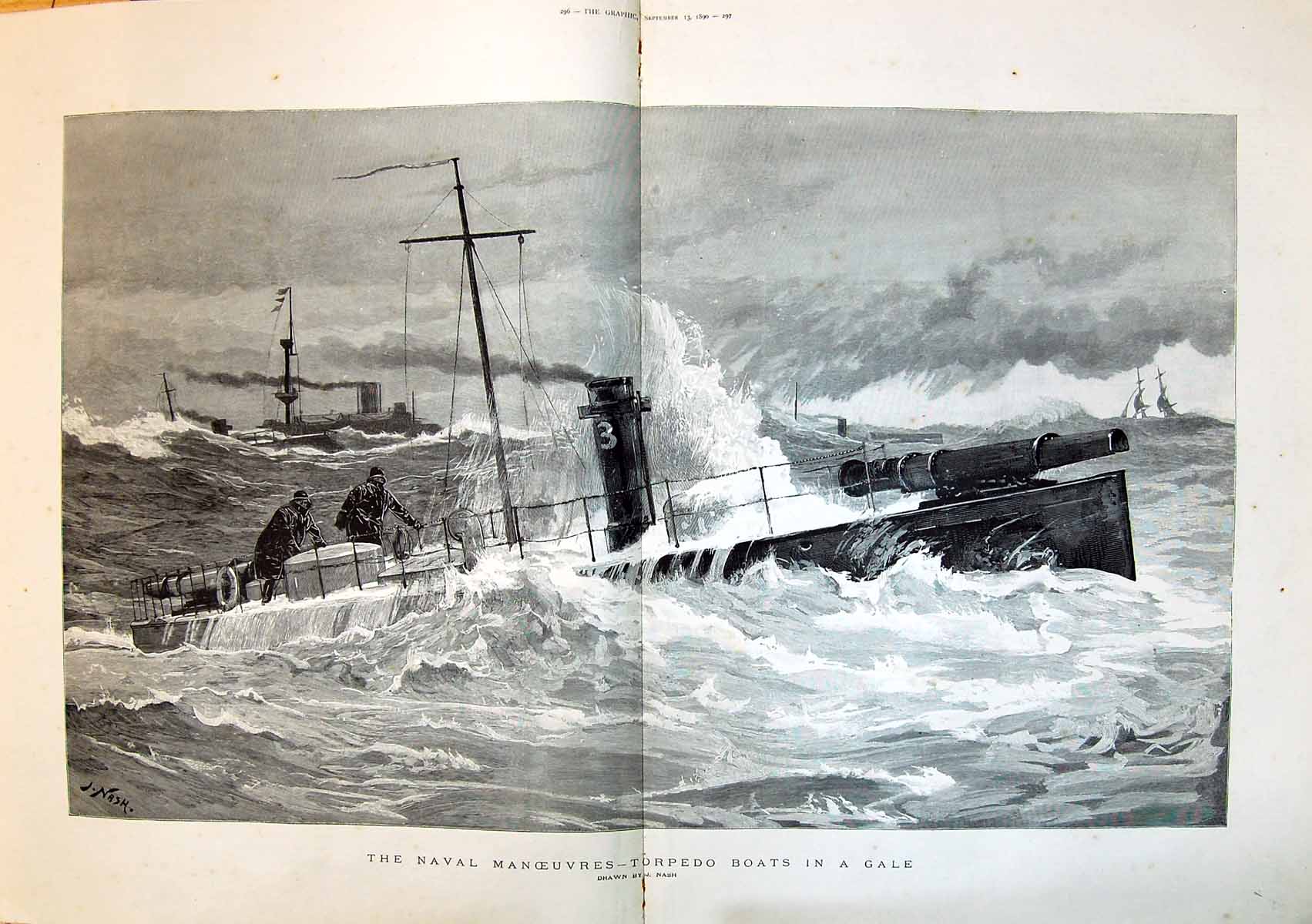 Old 1890 Naval Manoeuvres Torpedo Boats Stormy Sea Gale Ships War Nas 19th