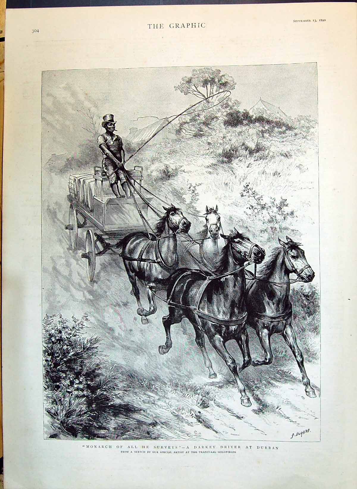 Antique Print 1890 Black Driver Durban Horses Cart Transvaal Gfields Africa