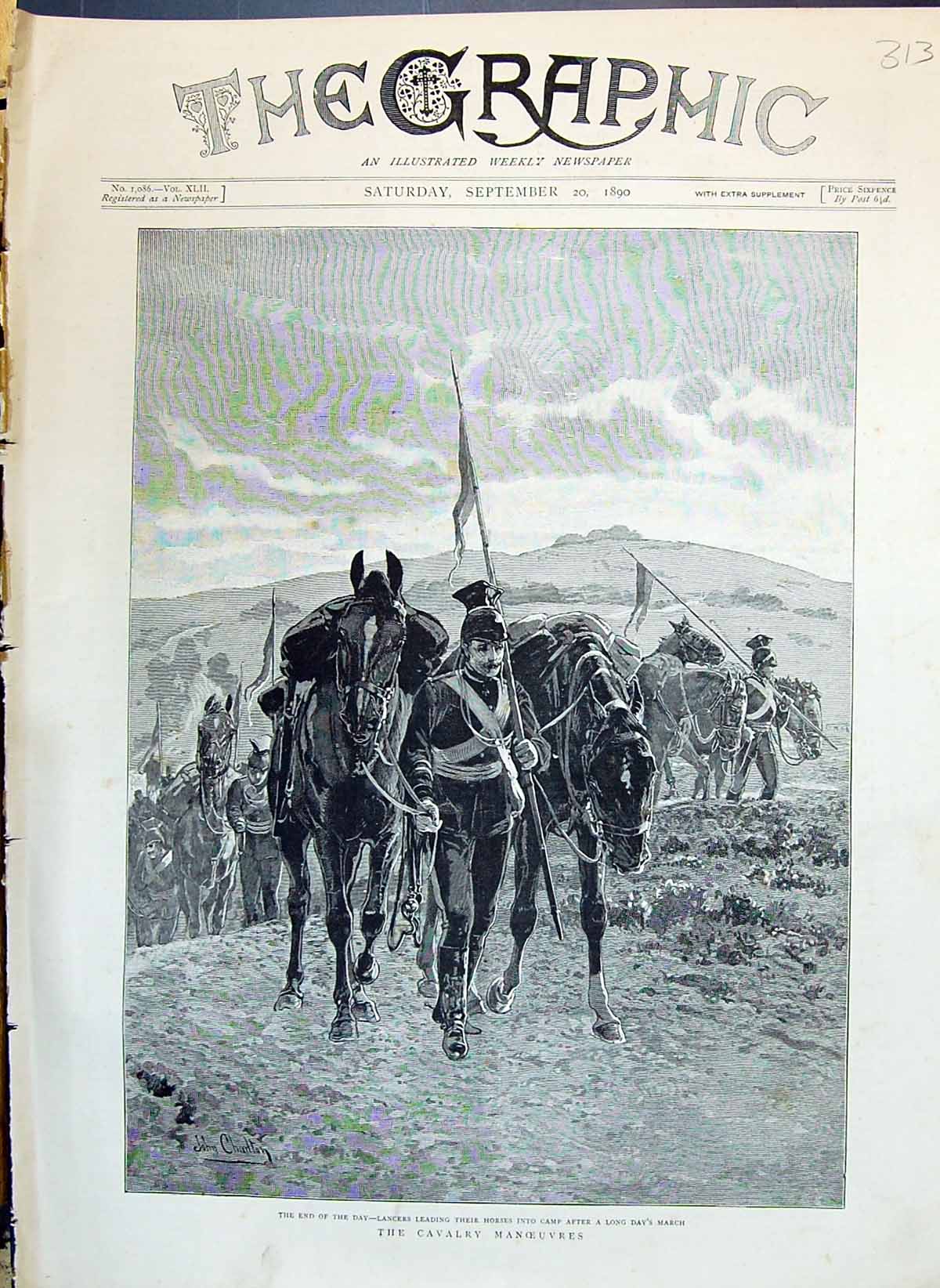 Antique Old Print 1890 Cavalry Manoeuvres Lancers Horses Camp John Charlton