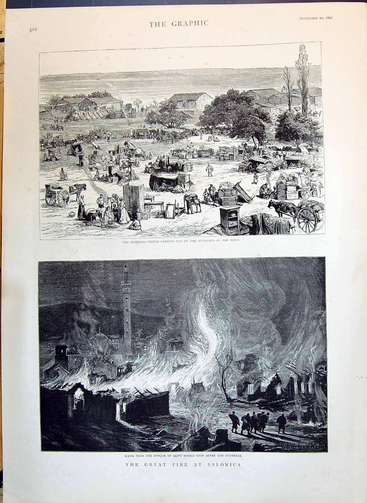 Antique Print 1890 Great Fire Salonica Mosque Saint Sophia Homeless People 19th