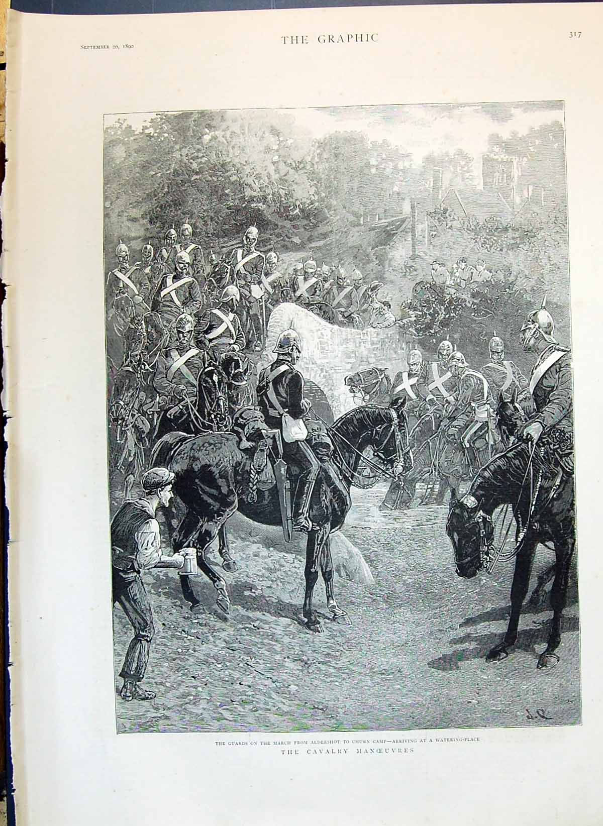 Antique Print 1890 Cavalry Manoeuvres Guards Marching Aldershot Churn Camp S