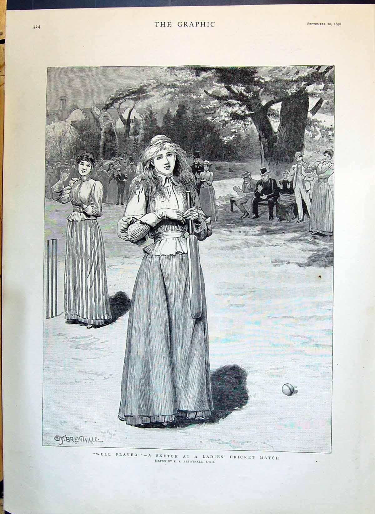 Print 1890 Ladies Cricket Match Sport Brewtnall Ships Removal Ericsson Body Sweden