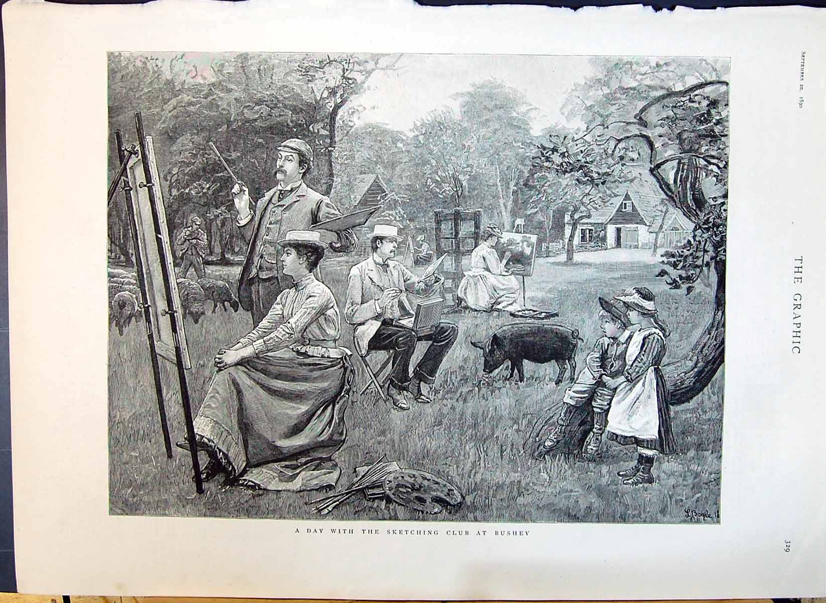 Original Old Antique Print 1890 Day Sketching Club Bushey Artists Painting Coun