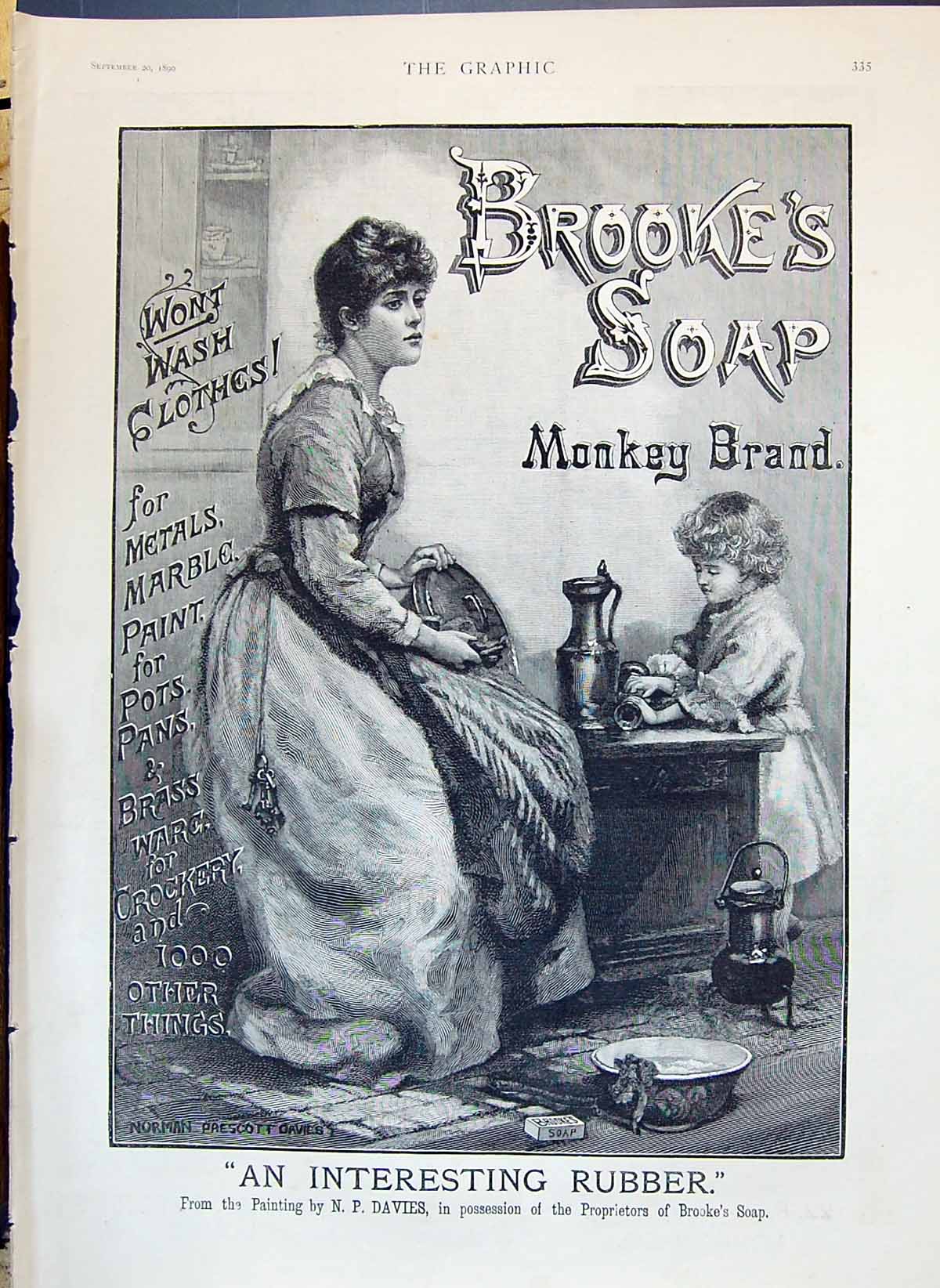 Antique Print 1890 Brooke'S Monkey Brand Soap Mother Child Cleaning Silver 19th