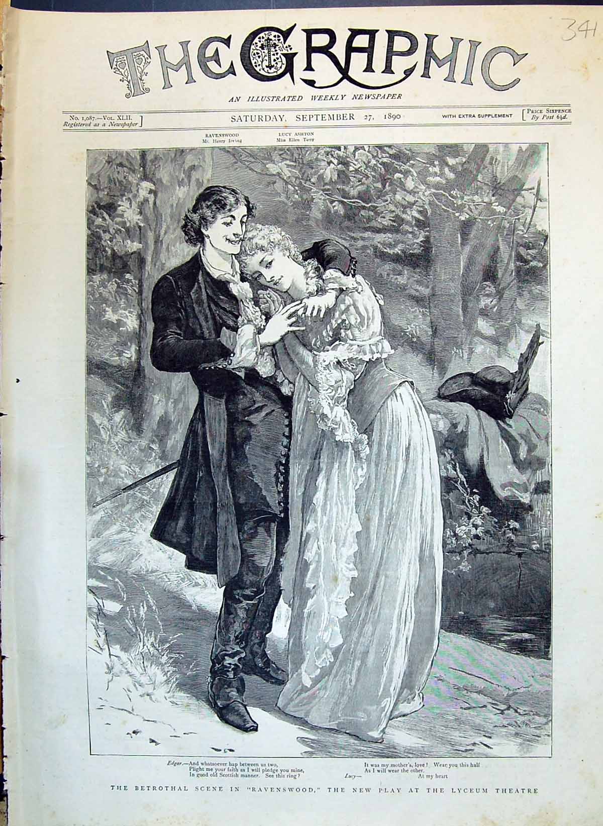 Old 1890 Betrothal Scene Ravenswood Play Lyceum Theatre Henry Irving Victorian