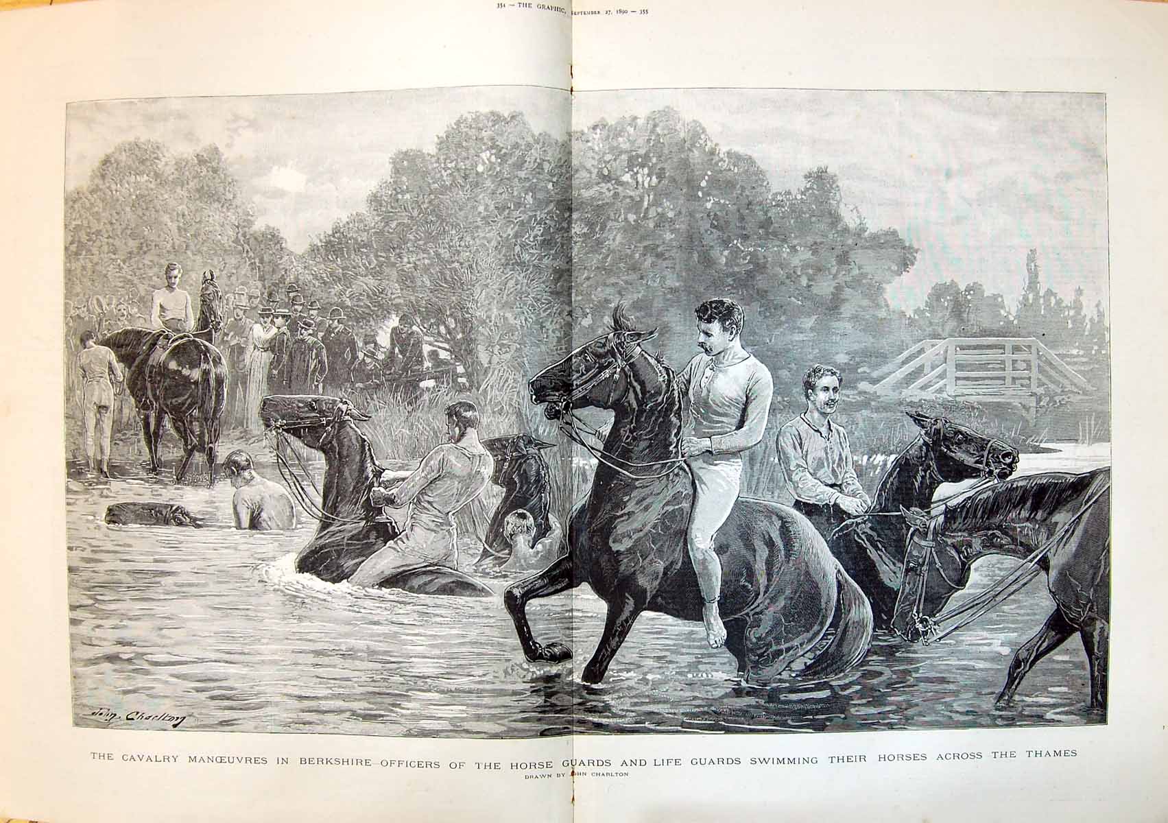 Old 1890 Cavalry Naval Manoeuvres Berkshire Ficers Horse Guards Swimm 19th