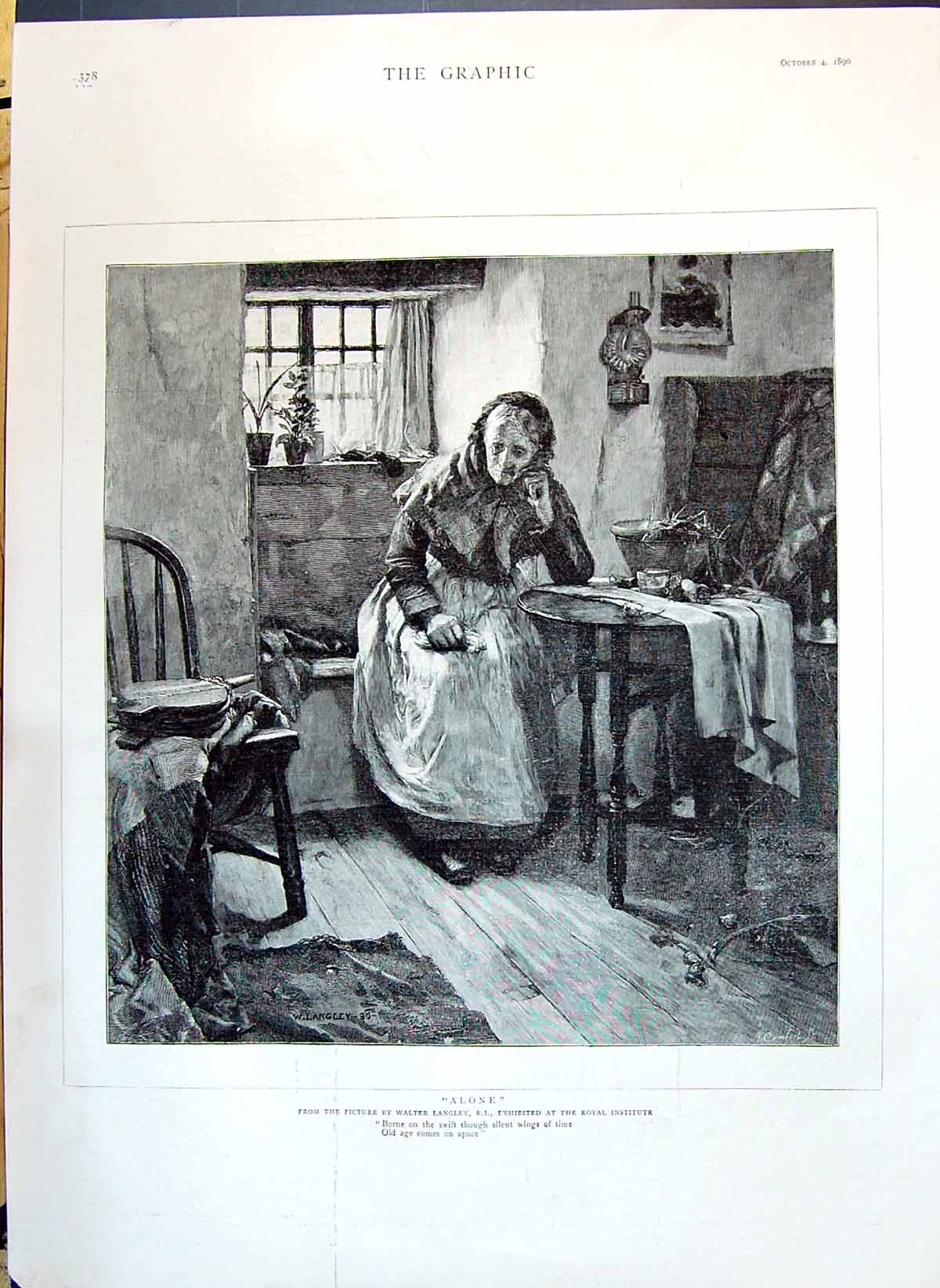 Old Antique Print 1890 Walter Langley Lady Alone Family Home Table Chair 19th